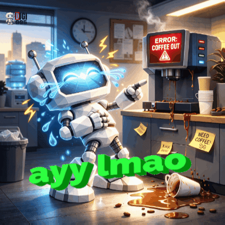 A Robot Is Standing In Front Of A Coffee Machine That Says Error Coffee Out On It GIF