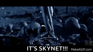A Robot Is Standing In Front Of A Fire With The Words `` It 'S Skynet '' Written On The Bottom . GIF