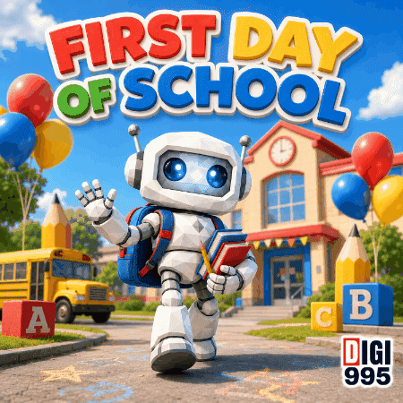 A Robot Is Standing In Front Of A School With The Words First Day Of School Written Above Him GIF