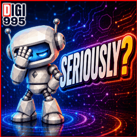 a robot is standing in front of a sign that reads seriously