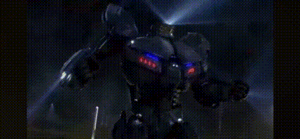 A Robot Is Standing In The Dark And Holding A Gun In Its Hands . GIF