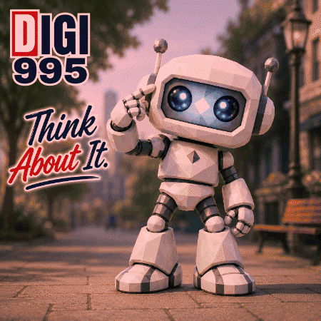 A Robot Is Standing On A Sidewalk In Front Of A Sign That Says " Think About It " GIF