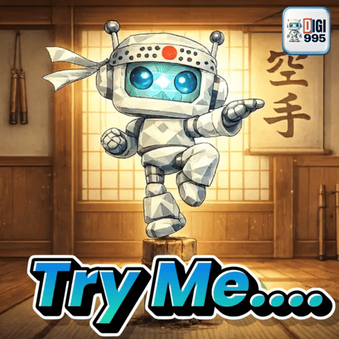 a robot is standing on a stump with the words try me below it