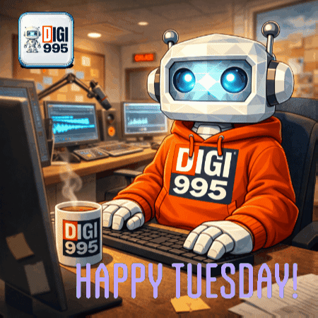 Robot Typing On Computer With Digi Mug GIF