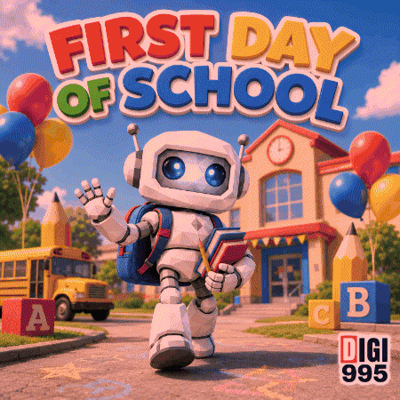 A Robot Is Waving In Front Of A School With The Words First Day Of School Behind Him GIF