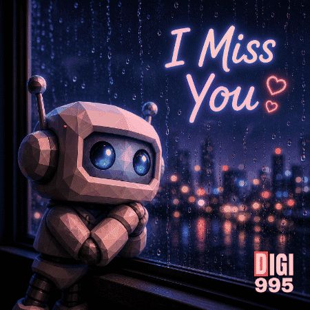 A Robot Looking Out A Window With The Words " I Miss You " On It GIF