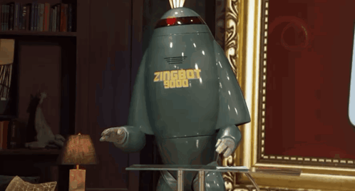 a robot named zingbot 9000 is standing in front of a picture