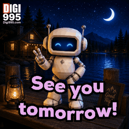 A Robot Says See You Tomorrow In Front Of A Cabin GIF