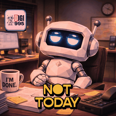 A Robot Sits At A Desk Next To A Coffee Mug That Says I 'M Done GIF