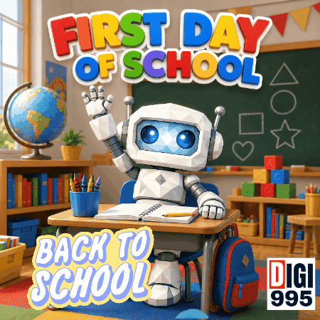 A Robot Sits At A Desk With The Words First Day Of School Back To School Below It GIF