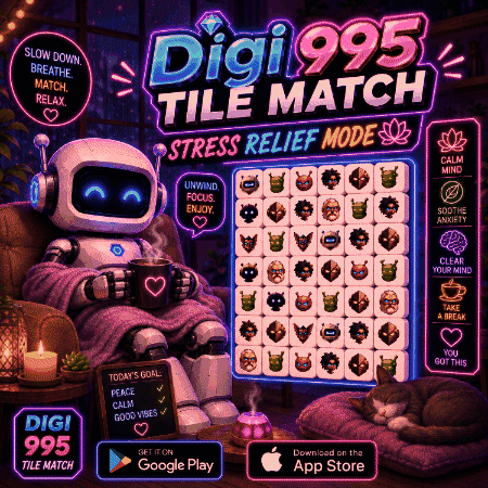 a robot sits on a couch with a cup of coffee in front of a screen that says digi 995 tile match stress relief mode