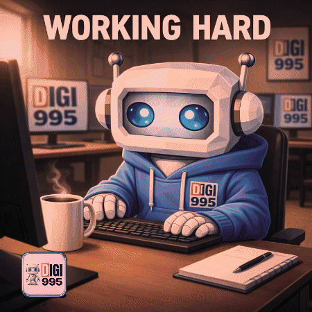 A Robot Sitting At A Desk With A Cup Of Coffee And The Words Working Hard GIF