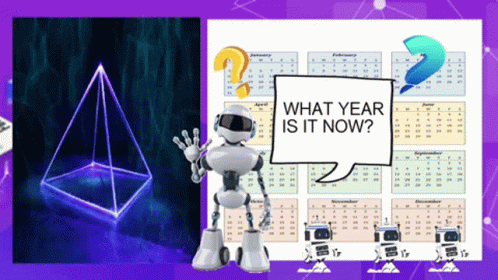 a robot stands in front of a calendar that says " what year is it now "