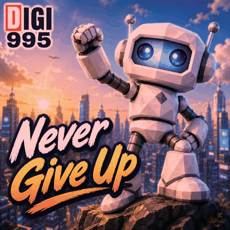 A Robot Stands On Top Of A Rock With The Words Never Give Up Written Below It GIF