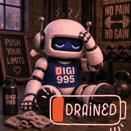 A Robot Wearing A Digi 985 Shirt Sits On The Floor GIF