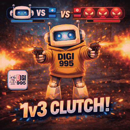 A Robot Wearing A Digi 995 Hoodie Holds Two Guns GIF