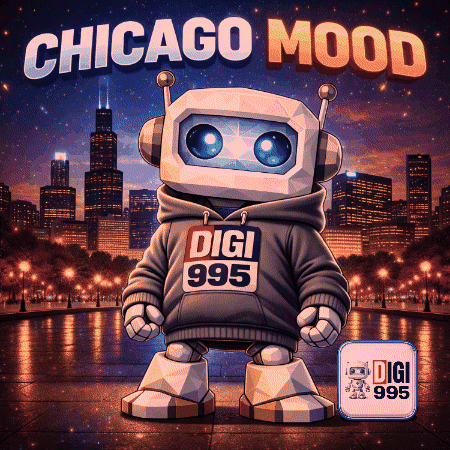 A Robot Wearing A Digi 995 Hoodie Stands In Front Of A City GIF