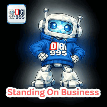 A Robot Wearing A Digi 995 Hoodie Stands On Business GIF