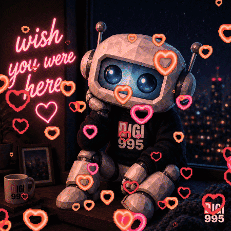 A Robot Wearing A Digi 995 Sweater Sits In Front Of A Neon Sign That Says Wish You Were Here GIF