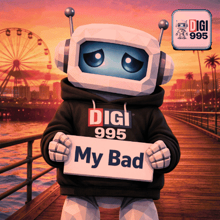 A Robot Wearing A Digi 995 Sweatshirt Holds A Sign That Says My Bad GIF