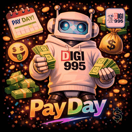 a robot wearing a digi 995 sweatshirt is holding money