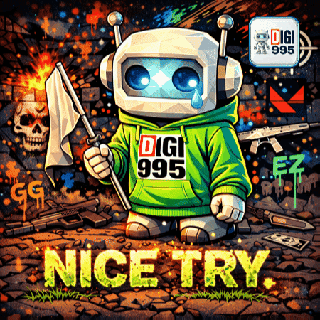 A Robot Wearing A Green Digi 995 Hoodie Holds A White Flag GIF