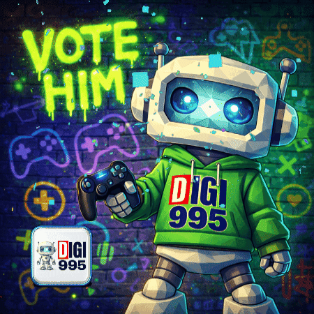 A Robot Wearing A Green Hoodie That Says Digi 995 GIF