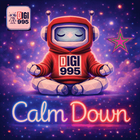 a robot wearing a red hoodie that says digi 995 sits in a lotus position