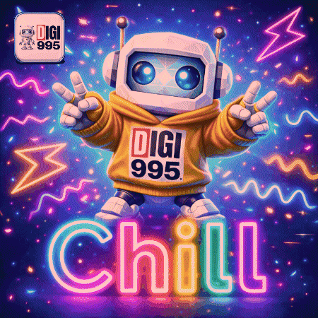 a robot wearing a yellow hoodie that says digi on it