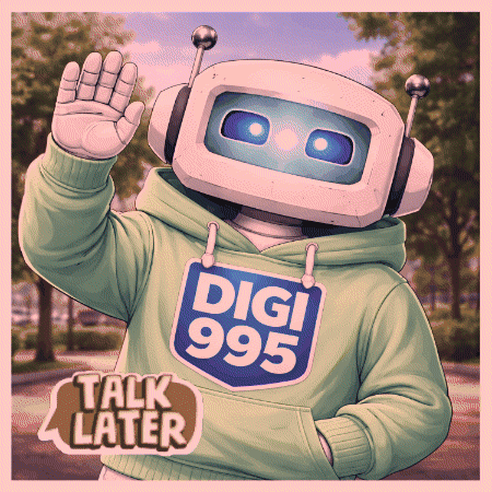 A Robot Wearing Headphones And A Digi 995 Sweatshirt GIF