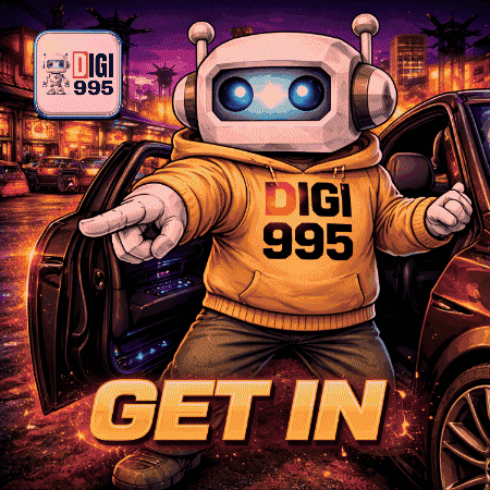 A Robot Wearing Headphones And A Hoodie That Says Digi 995 Get In GIF
