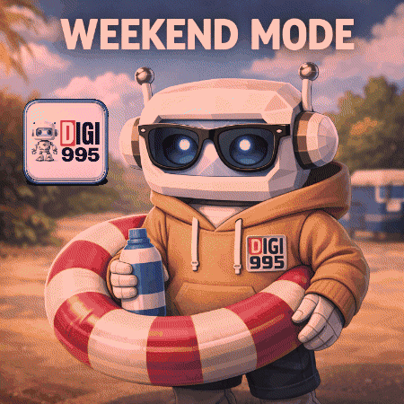 A Robot Wearing Sunglasses And Headphones Is Holding A Life Preserver And A Bottle Of Water With The Words Weekend Mode GIF