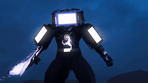 A Robot With A Blue Light Coming Out Of Its Chest GIF