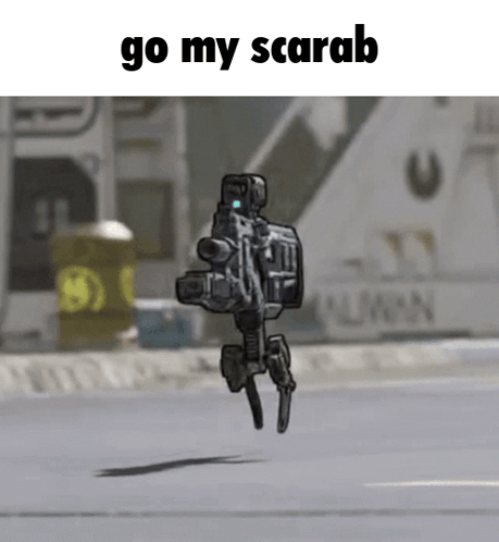 A Robot With A Gun Is Flying In The Air With The Words Go My Scarab Above It . GIF