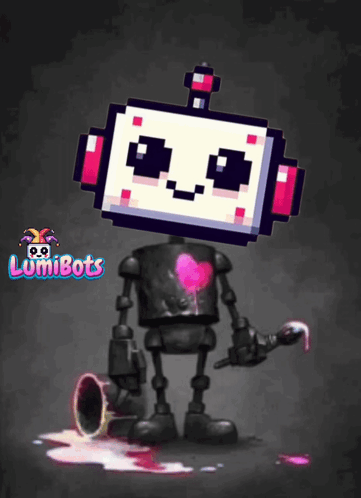 A Robot With A Heart Painted On Its Chest And The Word Lumibots On The Bottom GIF