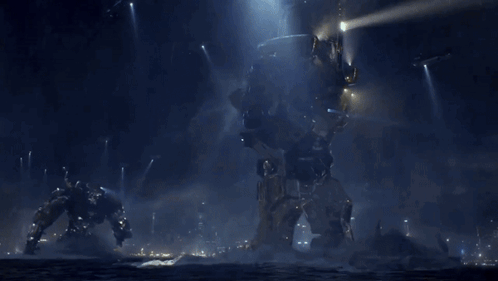 A Robot With A Helmet On Is Standing In The Water GIF