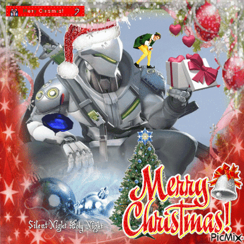 A Robot With A Santa Hat Is Holding A Gift Box And Says Merry Christmas GIF