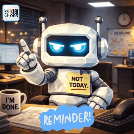 A Robot With A Sticky Note That Says Not Today On It GIF