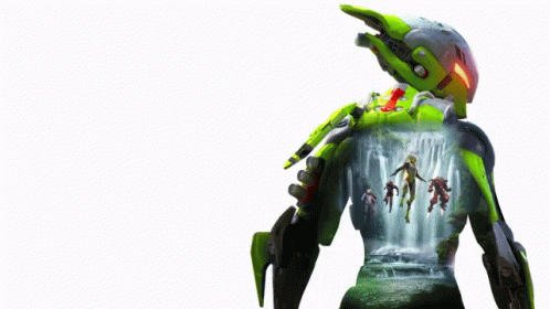 A Robot With A Waterfall In The Background And The Word Anthem On The Back GIF