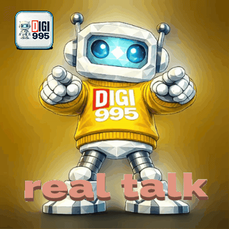 A Robot With A Yellow Sweater That Says Digi 995 GIF