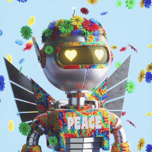A Robot With Flowers On It 'S Head And The Word Peace On Its Chest GIF