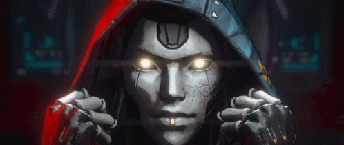 A Robot With Glowing Eyes Is Wearing A Red Cape And A Hood . GIF