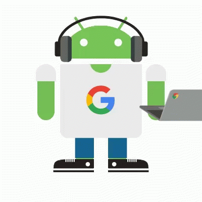 A Robot With Headphones And A Google Logo On His Shirt GIF