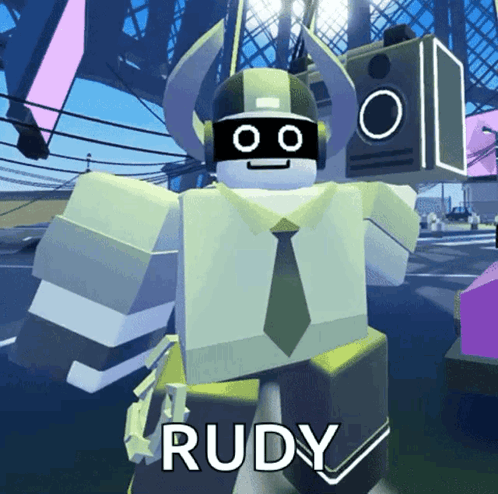 A Robot With Headphones And A Tie Named Rudy GIF
