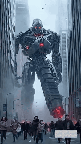 A Robot With Red Eyes Is Walking Down A Street With People GIF