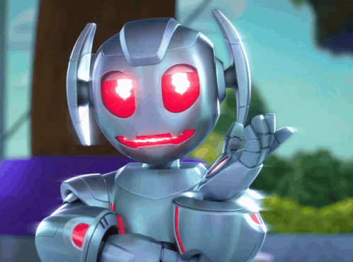A Robot With Red Eyes Is Waving His Hand In The Air GIF