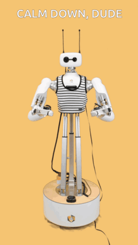 a robot with the words calm down dude on the bottom