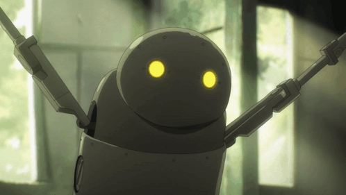 A Robot With Yellow Eyes Is Standing In A Room GIF