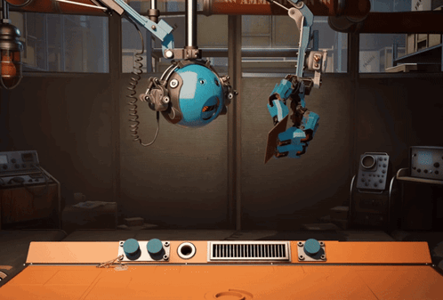 A Robotic Arm Is Holding A Blue Ball With A Face On It In A Room GIF