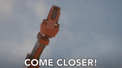 A Robotic Arm With The Words Come Closer Written On It GIF